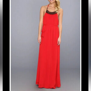Vince Camuto Vibrant Red Open Back Beaded Tie Neck Maxi‎ Dress. Size 14